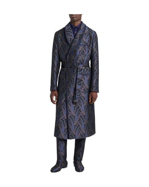 Etro Blue Chenille Jacquard Robe Coat With Metallic Paisley Motif for men