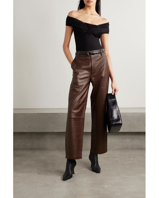Goldsign Brown High Waist Straight Leg Leather Pants