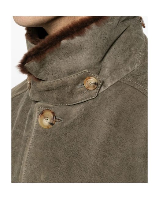 Brunello Cucinelli Brown Shearling-Trim Button-Up Jacket for men