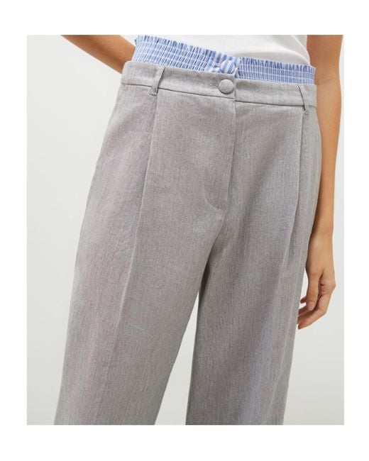 Marella Gray Stretch Linen-Blend Trousers
