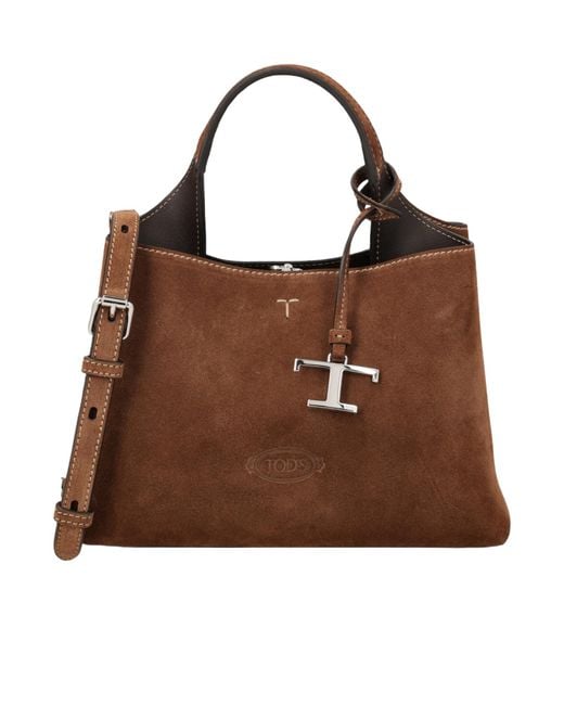 Tod's Brown T Timeless Suede Tote Bag