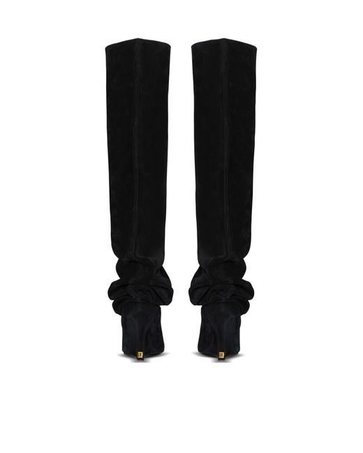 Balmain Black Suede Leather Wedge Thigh-High Boots