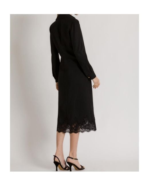 Alberta Ferretti Black Crepe Midi Dress With Collar And Lace Trim