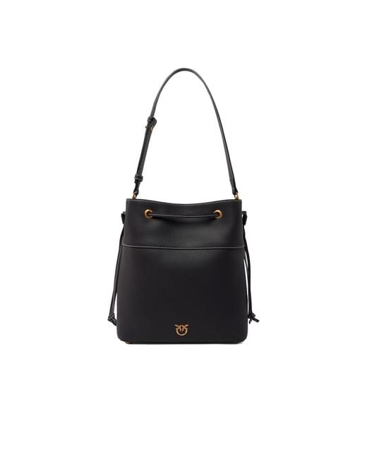 Pinko Black Forever Logo Plaque Bucket Bag