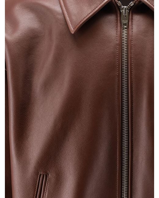 Céline Brown Collared Long-Sleeved Leather Jacket for men