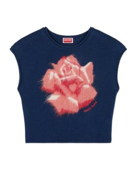 KENZO Blue Floral Intarsia-Knit Cropped Top