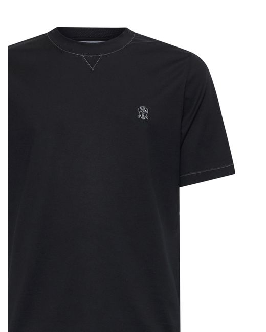 Brunello Cucinelli Black Logo Embroidered Crewneck T-Shirt for men