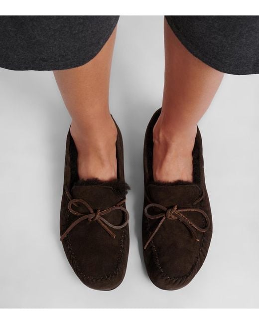 The Row Black Lucca Shearling-Trimmed Suede Boat Shoes