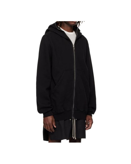 Rick Owens Black Zip Hooded Cotton Sweatshirt for men