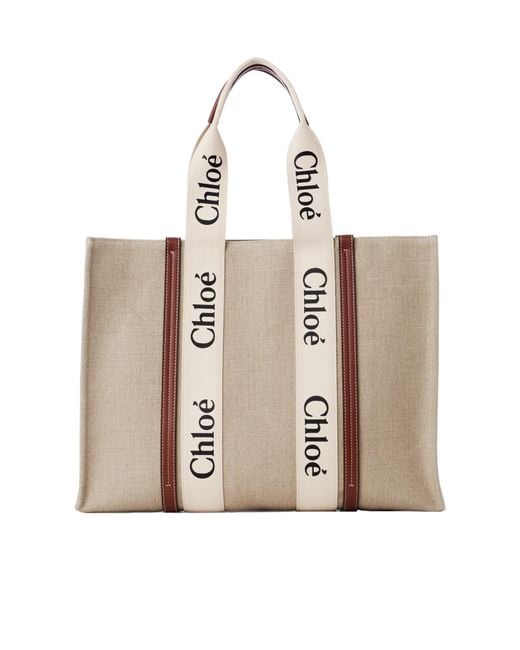 Chloé Natural Chloé Woody Logo Tape Large Tote Bag