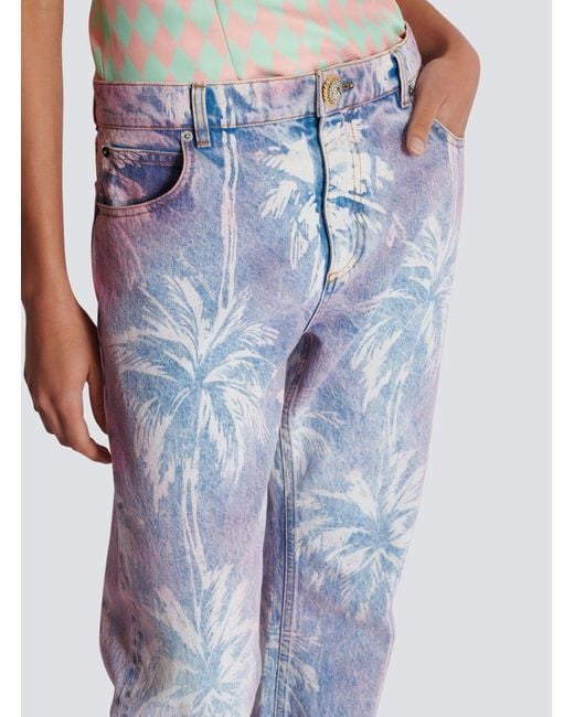 Balmain Blue Palm Tree Denim Boyfriend Jeans