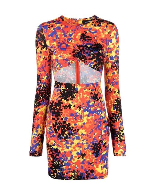 DSquared² Red Abstract Print Cut-Out Minidress