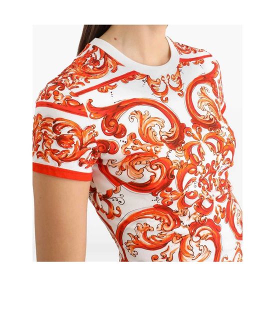 Dolce & Gabbana Orange Stretch-Cotton Majolica Print T-Shirt
