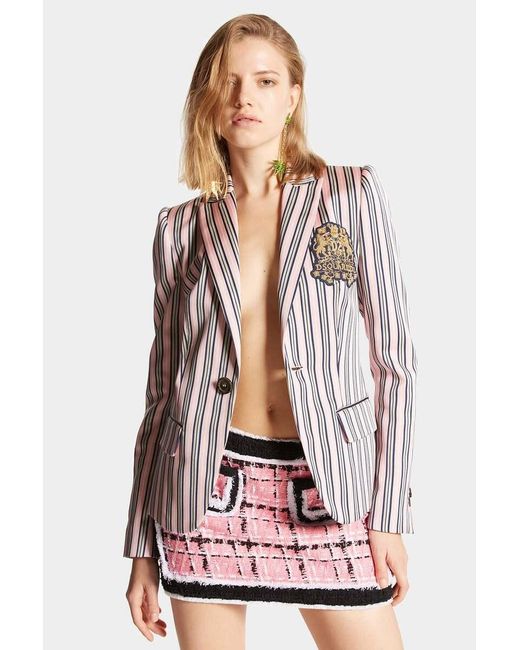DSquared² Pink Logo-Patch Striped Blazer