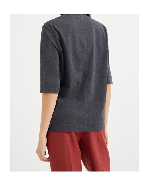 Brunello Cucinelli Gray Stripe-Detail Cotton Top