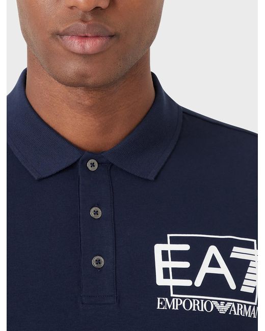 EA7 Blue Logo-Print Cotton Polo Shirt for men
