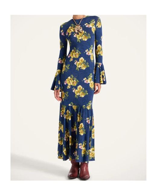 LaDoubleJ Blue Floral Bell-Sleeve Midi Dress