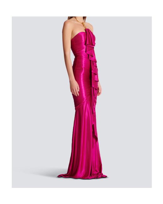 Balmain Pink Long Draped Bustier Dress With Embellished Detail