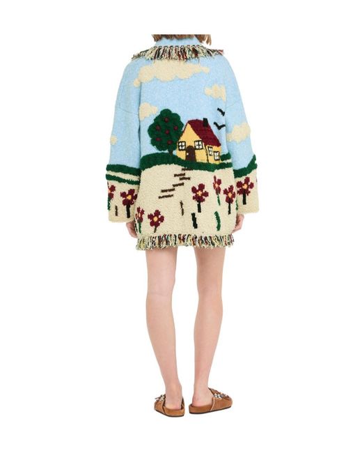 Alanui Blue Casa Fringed Intarsia-Knit Cardi-Coat