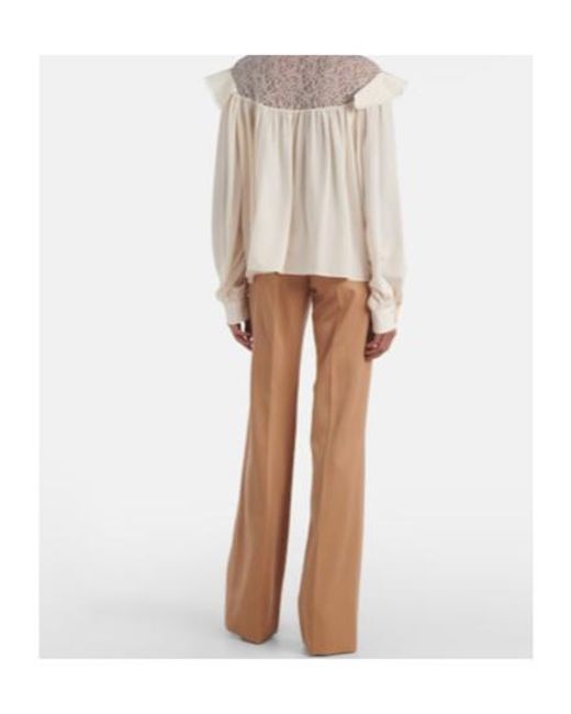 Stella McCartney White Bow-Detail Lace-Trimmed Silk Blouse