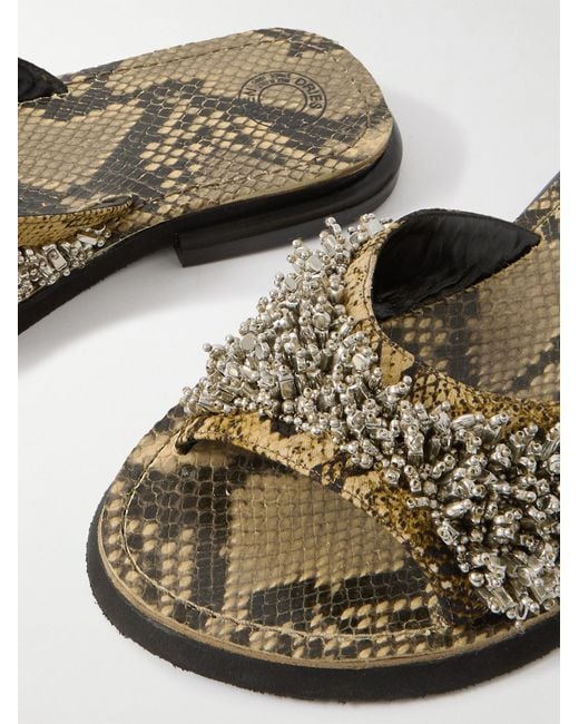 Dries Van Noten White Embellished Snake-Effect Leather Slides