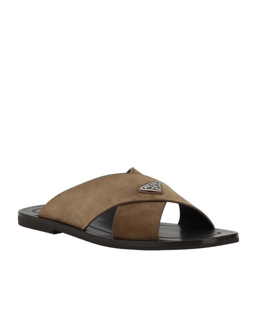 Prada Brown Triangle-Logo Criss-Cross Slides for men