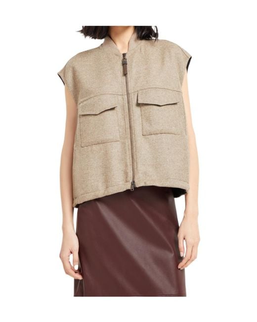 Brunello Cucinelli Brown Zip-Up Cap Sleeved Gilet