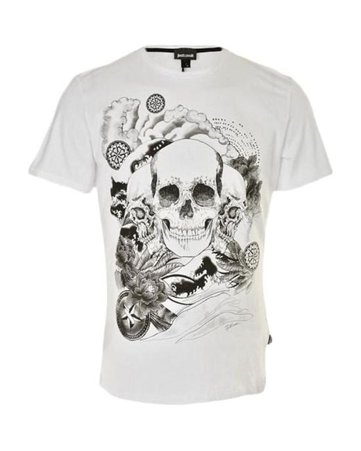 Just Cavalli White Skull Printed Short-Sleeved T-Shirt for men