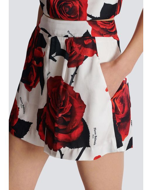 Balmain Red Rose Printed Satin Shorts
