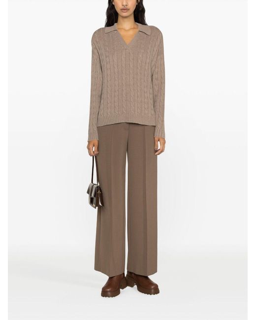 Peserico Brown V-Neck Cable-Knitted Polo Jumper