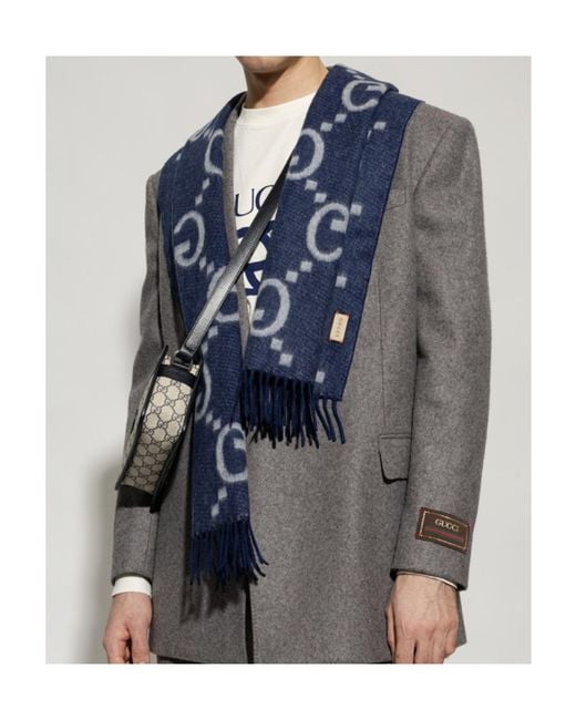 Gucci Blue Gg Jacquard Fringed Scarf for men