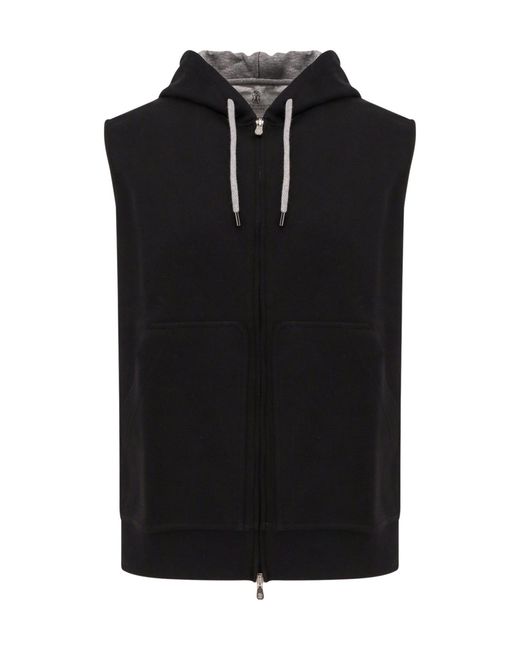 Brunello Cucinelli Black Sleeveless Drawstring Hoodie for men