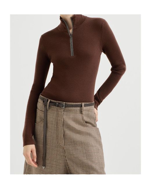 Brunello Cucinelli Brown Virgin Wool And Cashmere Lightweight Ribbed Turtleneck Sweater With Precious Half-Zip
