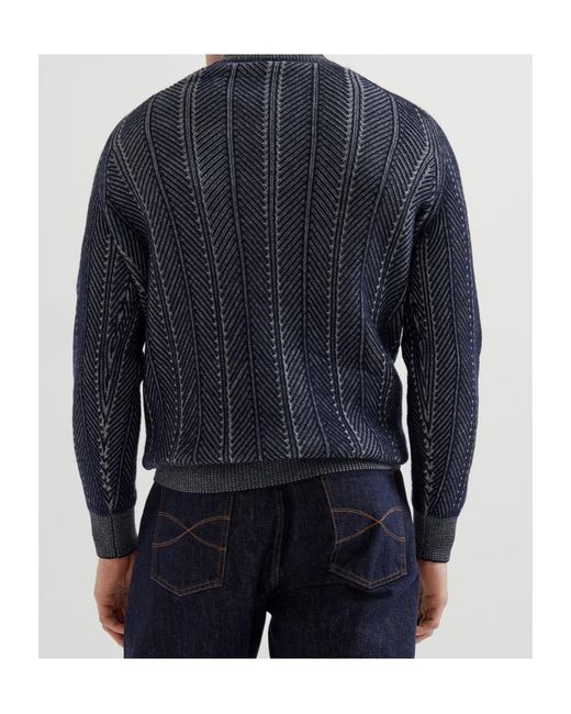 Brunello Cucinelli Blue Half-Zip Chevron Jumper for men