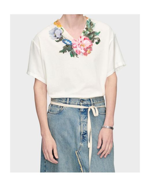 Maison Margiela White Floral Printed V-Neck T-Shirt for men