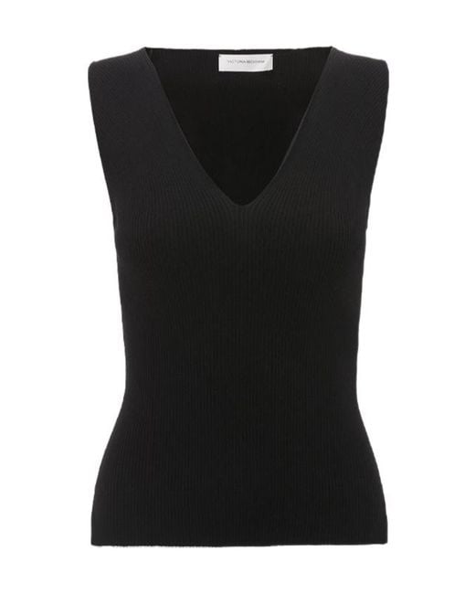 Victoria Beckham Black Ribbed V-Neck Top