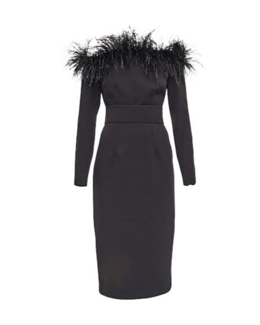Safiyaa Black Feather-Trimmed Midi Dress