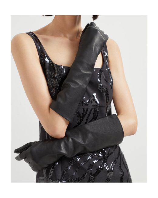 Brunello Cucinelli Black Long Leather Gloves