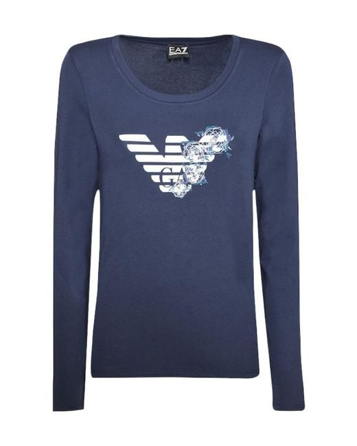 EA7 Blue T-Shirt With Round Neck And Long Sleeves