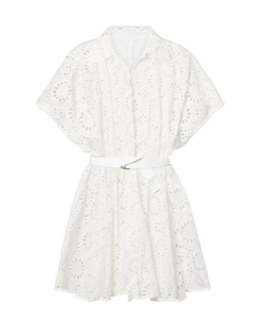 Norma Kamali White Belted Broderie Anglaise Cotton Mini Dress