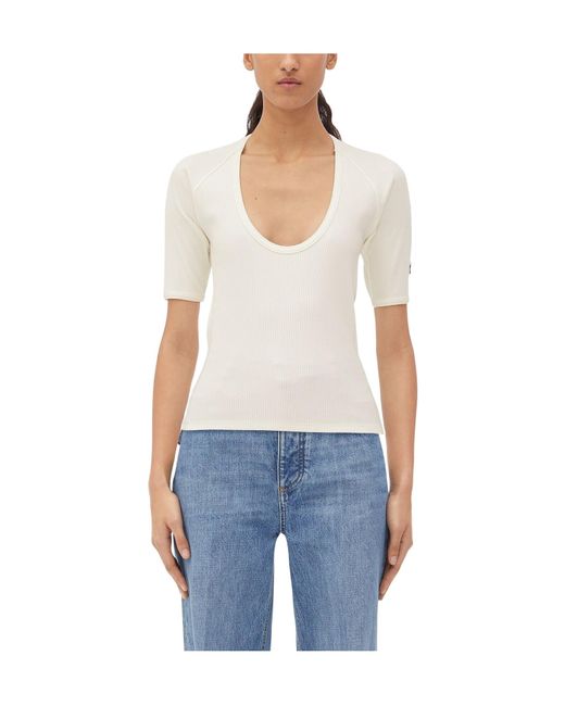 Bottega Veneta White Logo Embroidered Ribbed T-Shirt