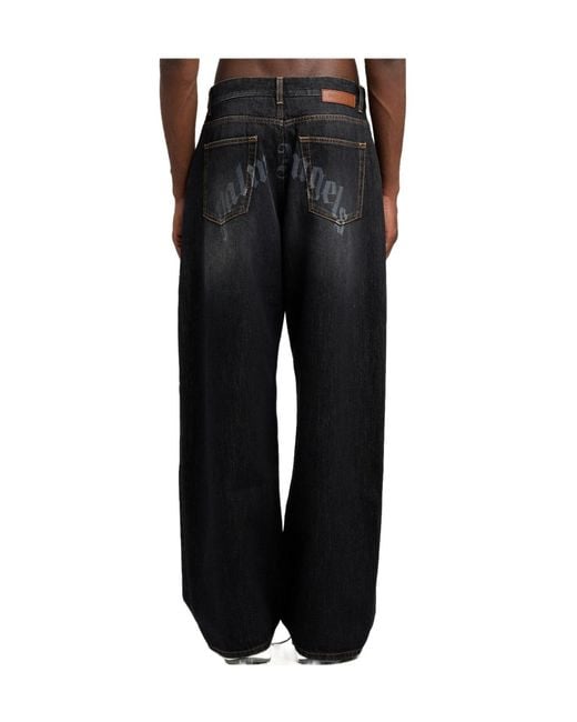 Palm Angels Blue Curved Logo Loose Jeans for men