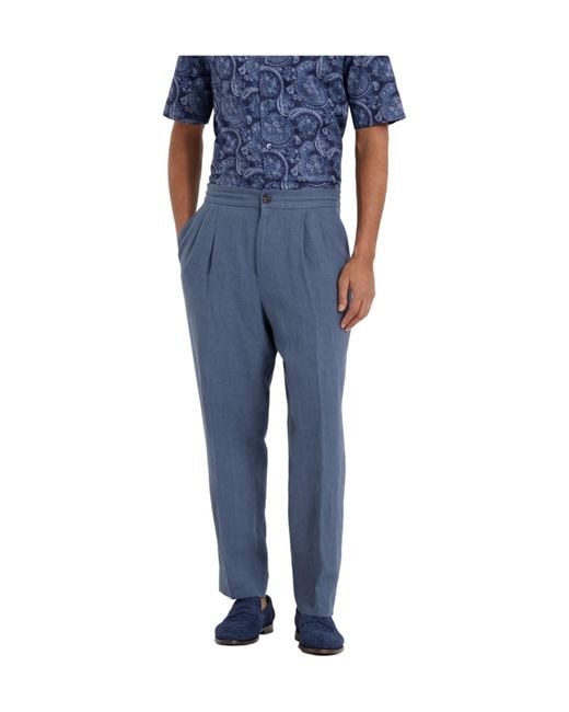 Brunello Cucinelli Blue Linen Straight-Leg Trousers for men