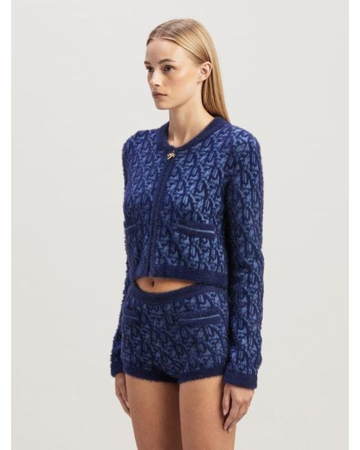 Palm Angels Blue Monogram-Jacquard Zip-Up Cardigan