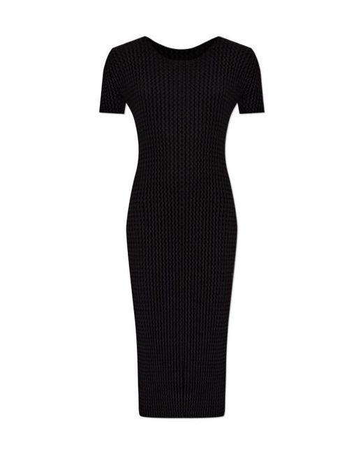 Issey Miyake Black Seersucker Short-Sleeve Midi Dress