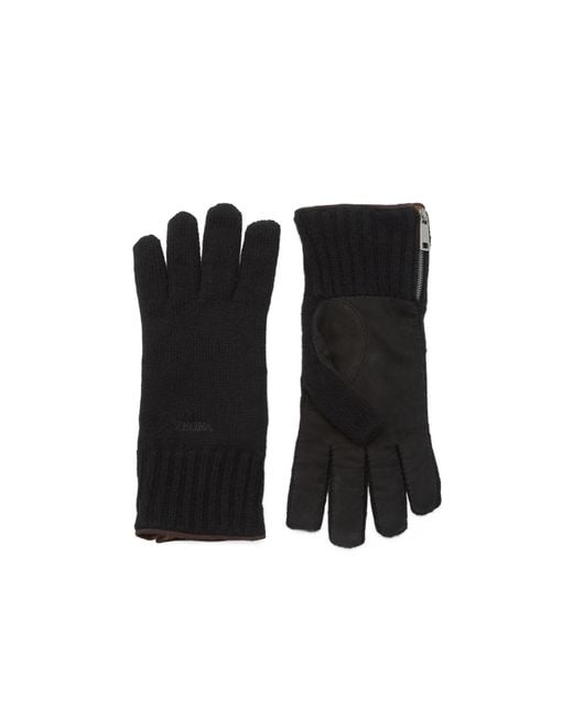 Zegna Black Oasi Logo Embroidered Knit Gloves for men
