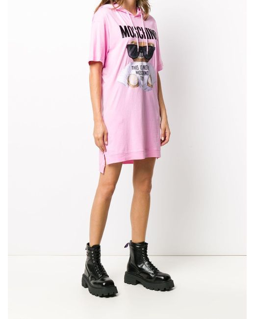 Moschino Pink Teddy Bear Printed Hooded T-Shirt Dress