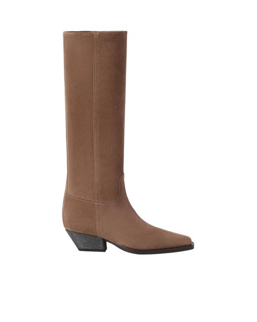 Brunello Cucinelli Brown Suede Boots With Precious Heel
