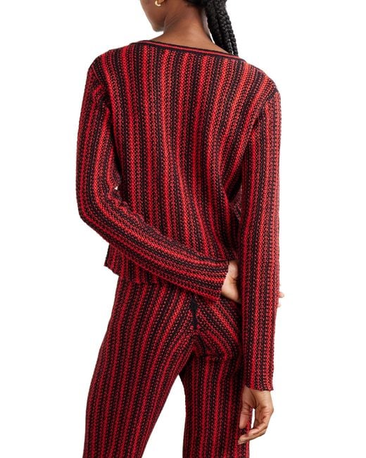 The Elder Statesman Red Striped Openwork Knit Cotton Cardigan