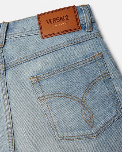 Versace Blue Logo-Patch Cropped Jeans